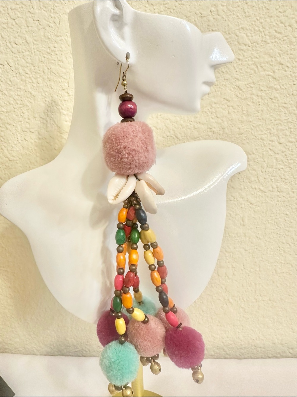 6-3/4” Boho Multicolor Pom-Pom & Bead Drop Earrings